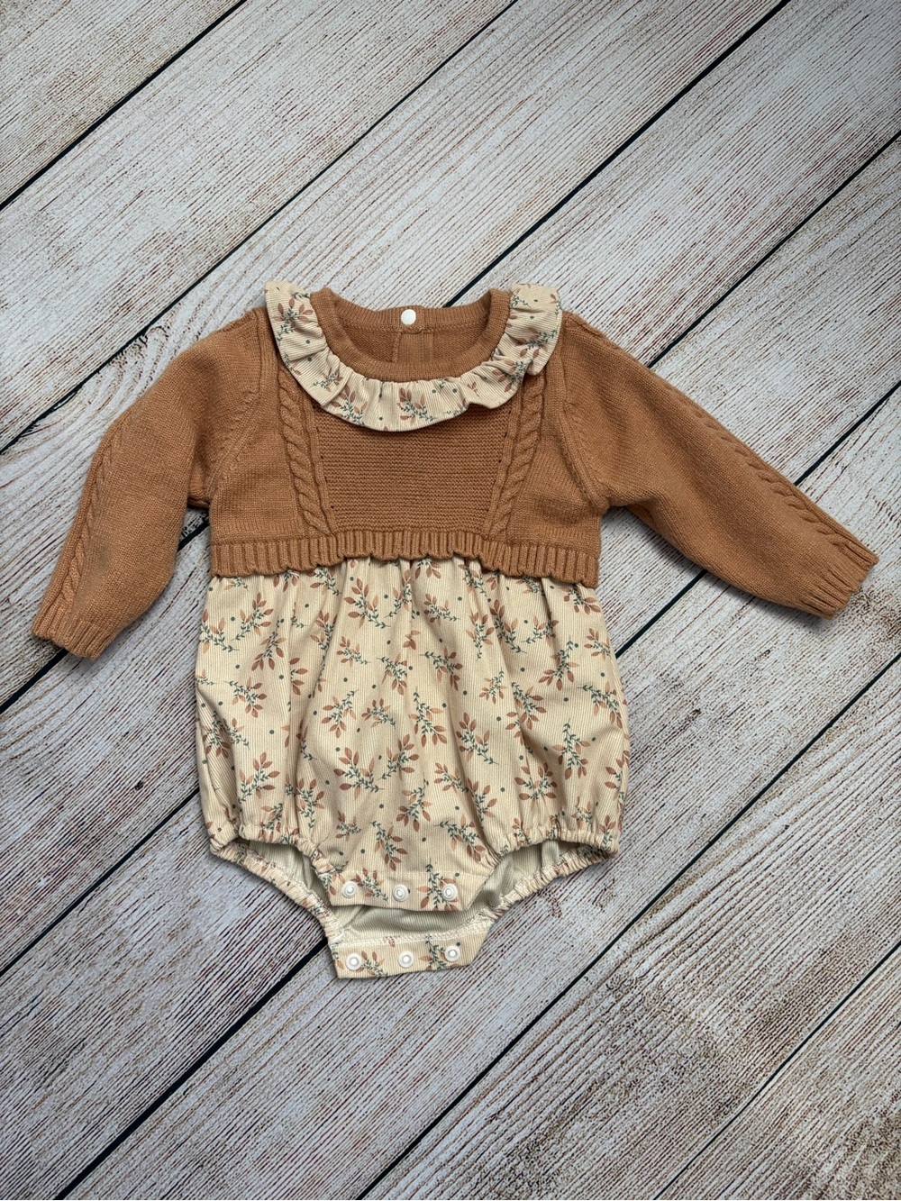 SHEIN Brown Knit-Top Floral Bubble One-Piece